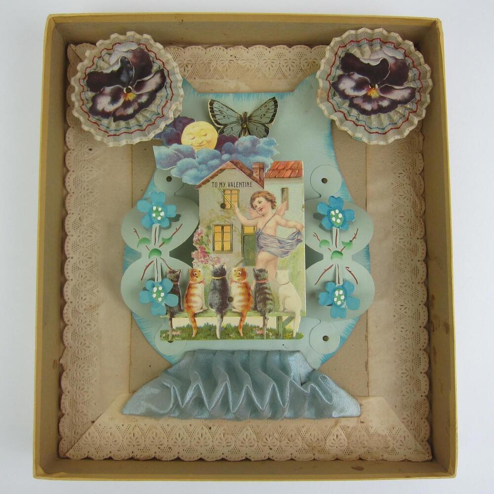 Antique Valentine 3D Cupid Cats Butterfly Moon Blue Fabric Large Store Box RARE
